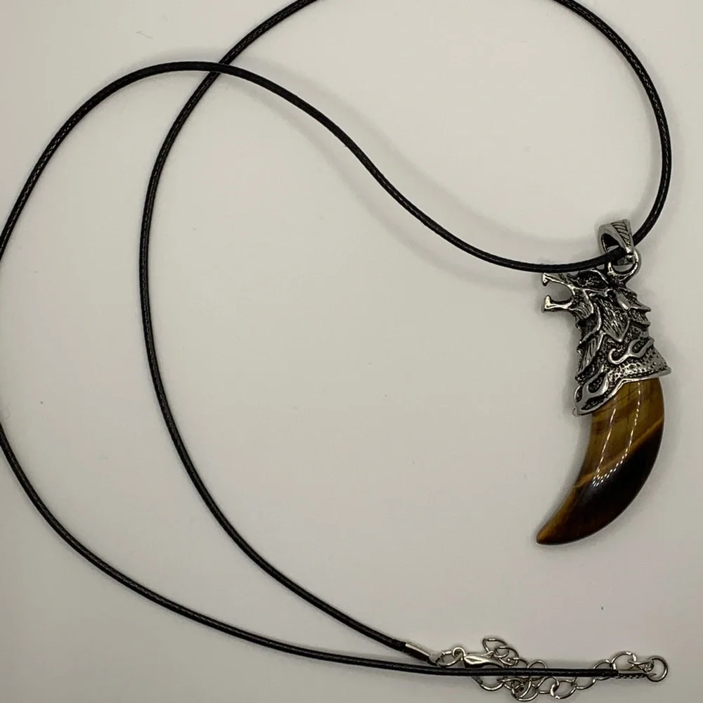 Wolf Tooth Pendant | Mens Crystal Necklace | Tigers Eye Necklace| Boyfriend Gift